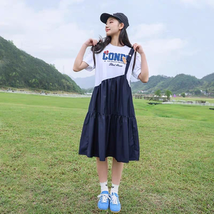 高中生假两件连衣裙新款夏季大童少女孩2024初中学生甜美咖色条纹