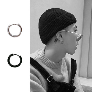韩国加粗耳环耳钉饰品女钛钢黑色不锈钢潮男个性 圆圈耳圈耳扣耳饰