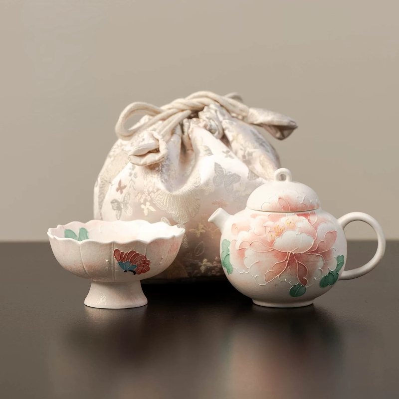 一壶一杯快客杯旅行茶具手绘浅粉牡丹户外出行茶具收纳包陶瓷