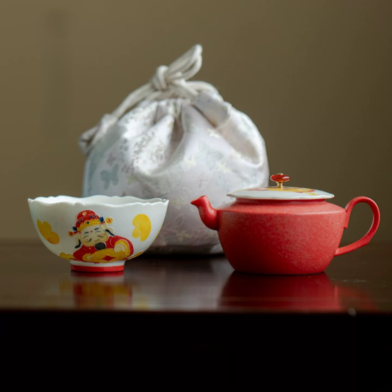 一壶一杯茶事收纳包整套户外旅行茶具手绘财神茶具套装送长辈陶瓷