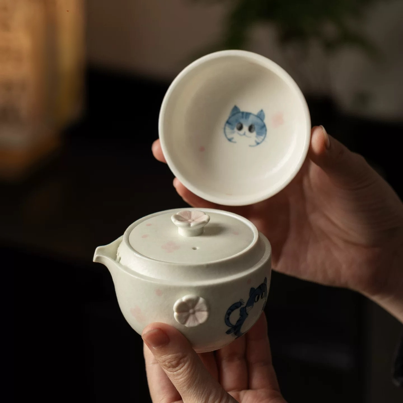 可爱猫咪陶瓷旅行茶具一壶一杯单人泡茶壶户外随身快客杯