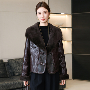 复古风真皮皮衣外套女短款2025冬季新款羊羔毛皮毛领羽绒服皮草