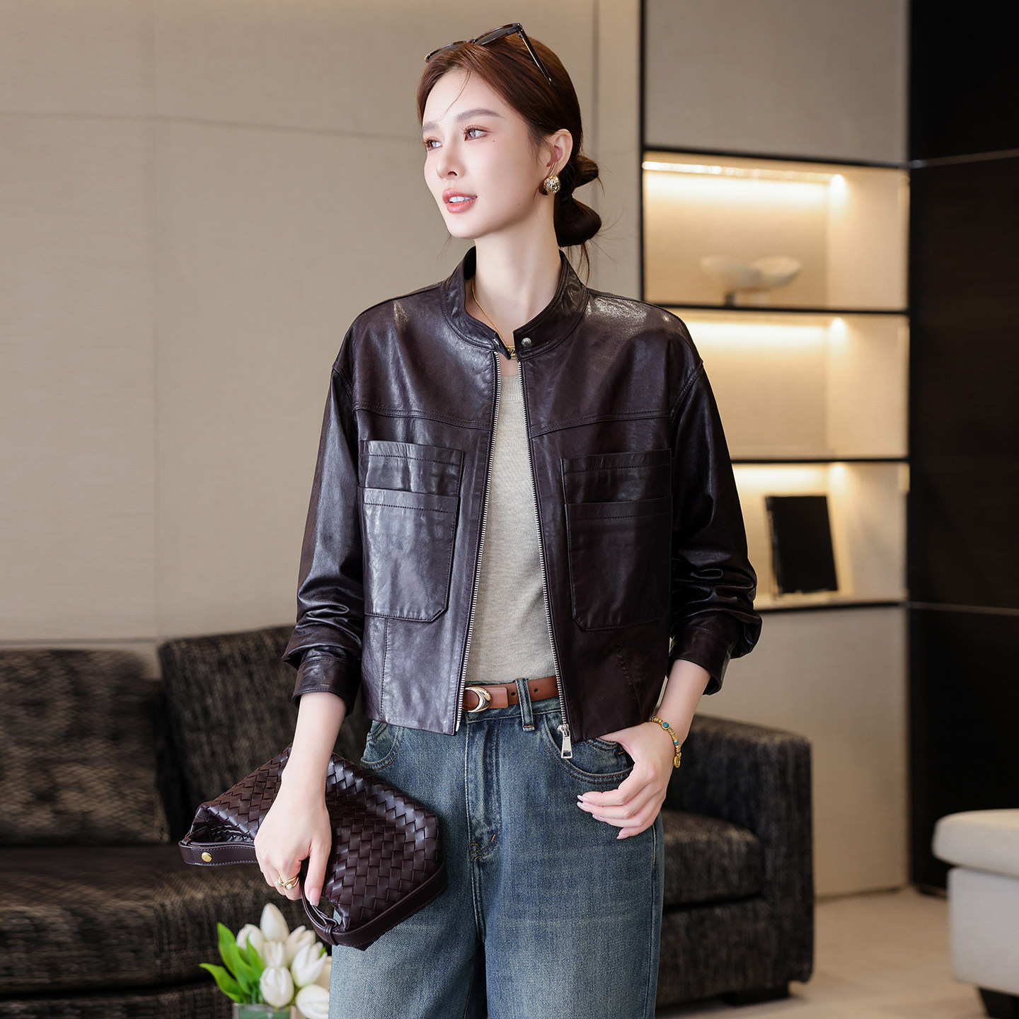 真皮皮衣女短款2025新款春秋爆款立领高级感海宁绵羊皮夹克外套潮