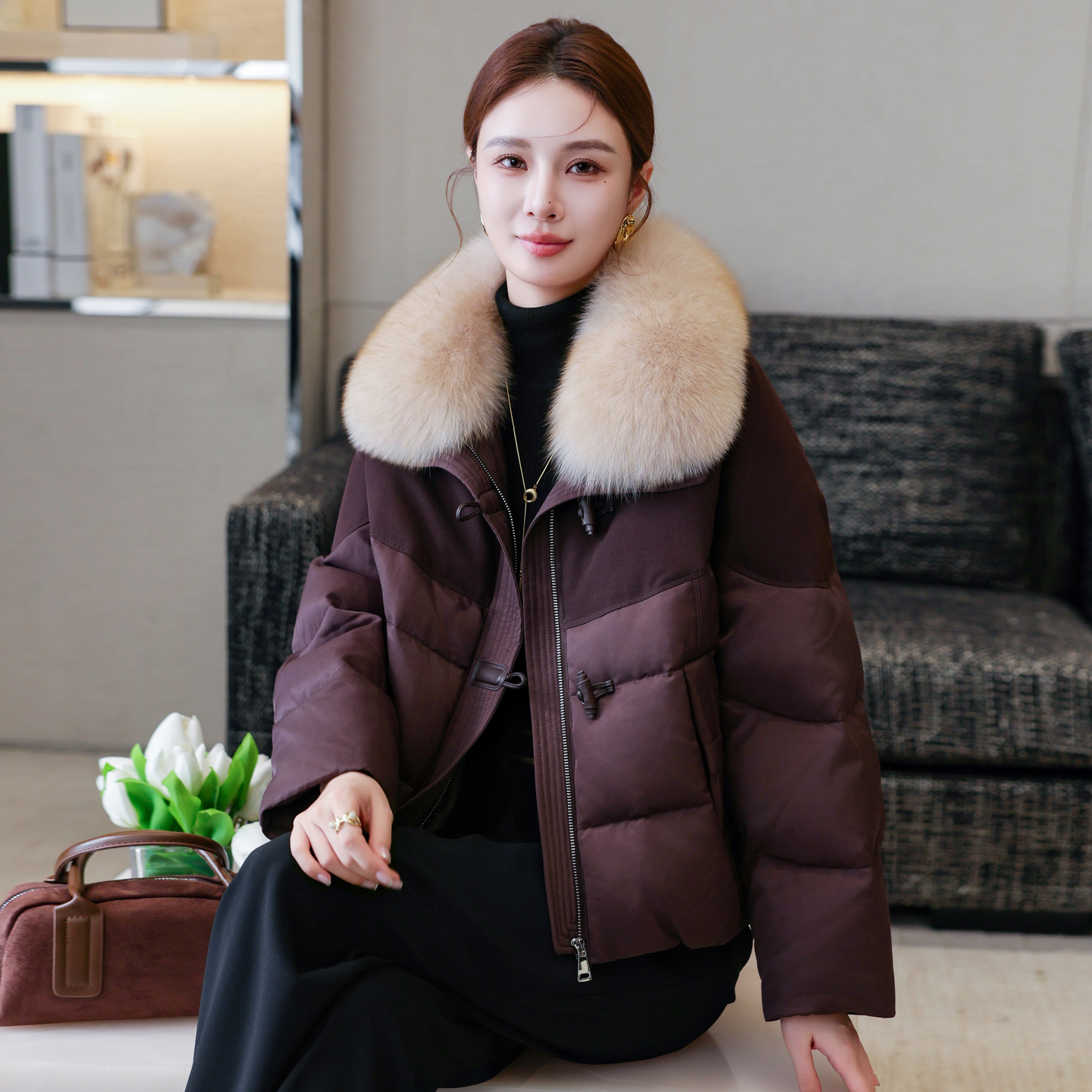 高端鹅绒羽绒服女狐狸毛可拆卸