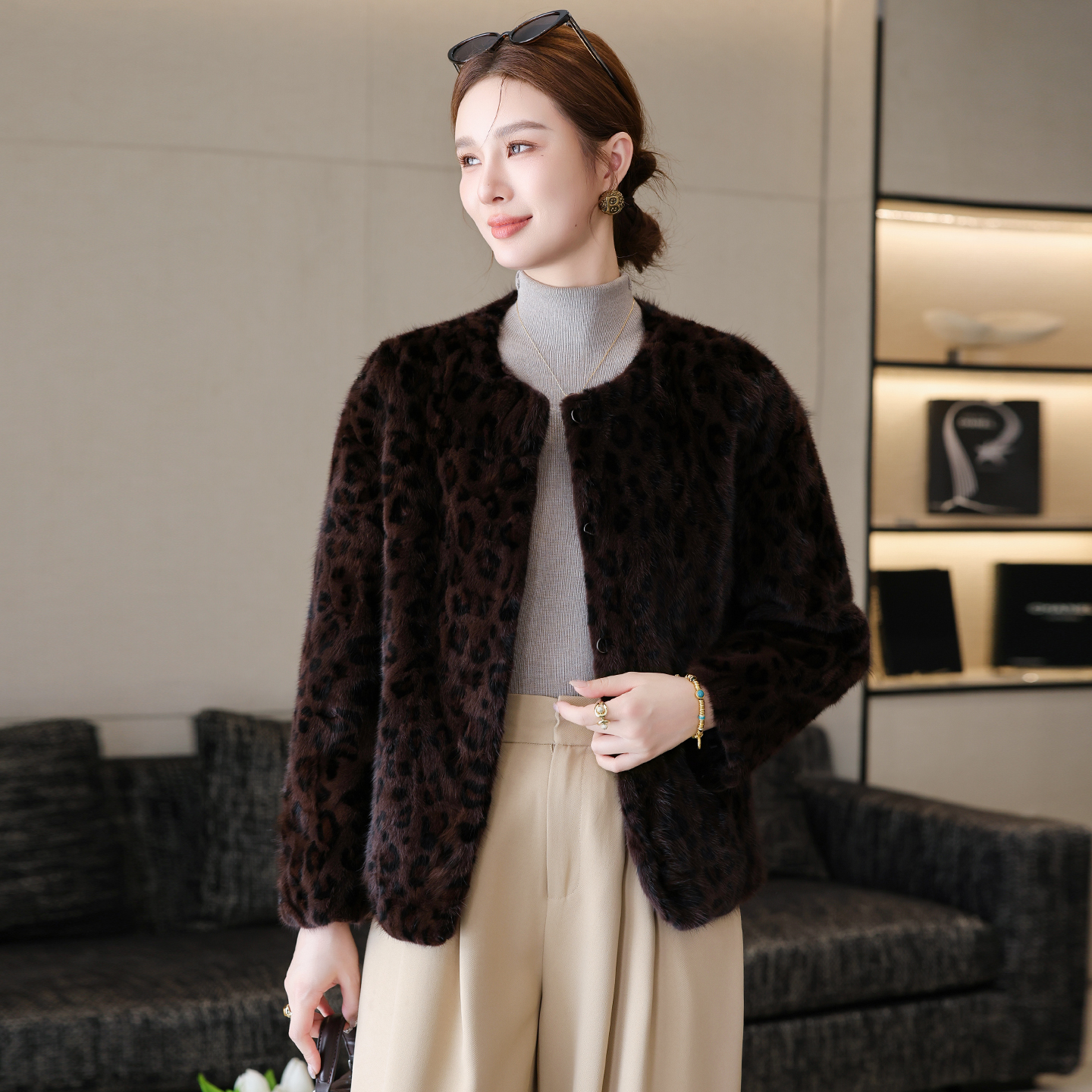 水貂拼貂大衣豹纹海宁真毛