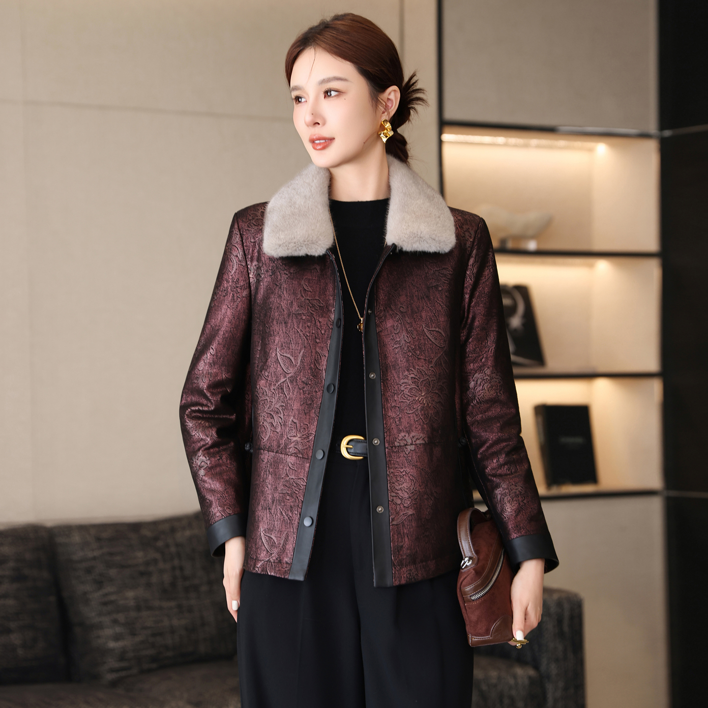 新中式国风真皮羽绒服皮衣女