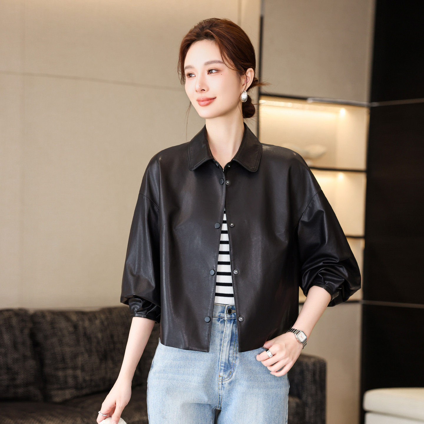 真皮皮衣女小个子2026春秋新款灯笼袖休闲植鞣绵羊皮夹克外套短款