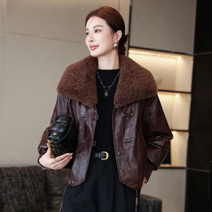 海宁真皮皮衣女羊羔毛领短款2025冬季新款棕色绵羊皮羽绒夹克外套