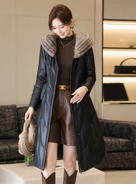 真皮羽绒服女冬季新款水貂编织帽海宁绵羊皮鹅绒服皮衣外套长款