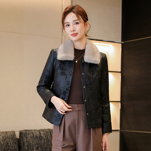 真皮羽绒服女秋冬季新国风压花高级感海宁绵羊皮皮衣夹克外套短款