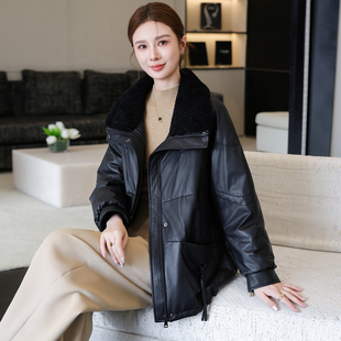 潮 真皮羽绒服羊羔毛领绵羊皮皮草外套短款 海宁皮衣女2025冬季 新款