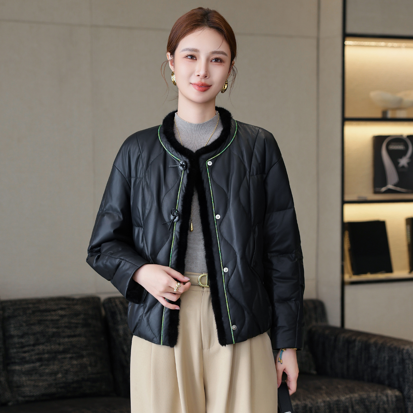 新中式国风真皮羽绒服女