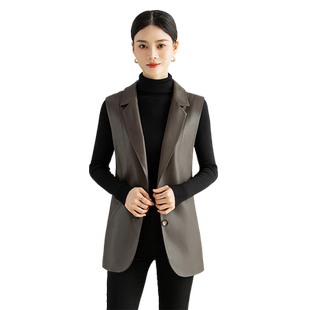 真皮皮衣女2023春秋季新款无袖修身西装领绵羊皮马甲外套中长款