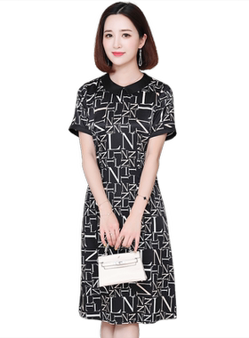 杭州真丝连衣裙女2020夏新款黑白色娃娃领显瘦妈妈重磅桑蚕丝裙子