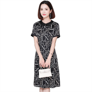 杭州真丝连衣裙女2020夏新款黑白色娃娃领显瘦妈妈重磅桑蚕丝裙子