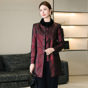 真皮羽绒服女2025冬修身水貂领气质修身印花绵羊皮风衣外套中长款