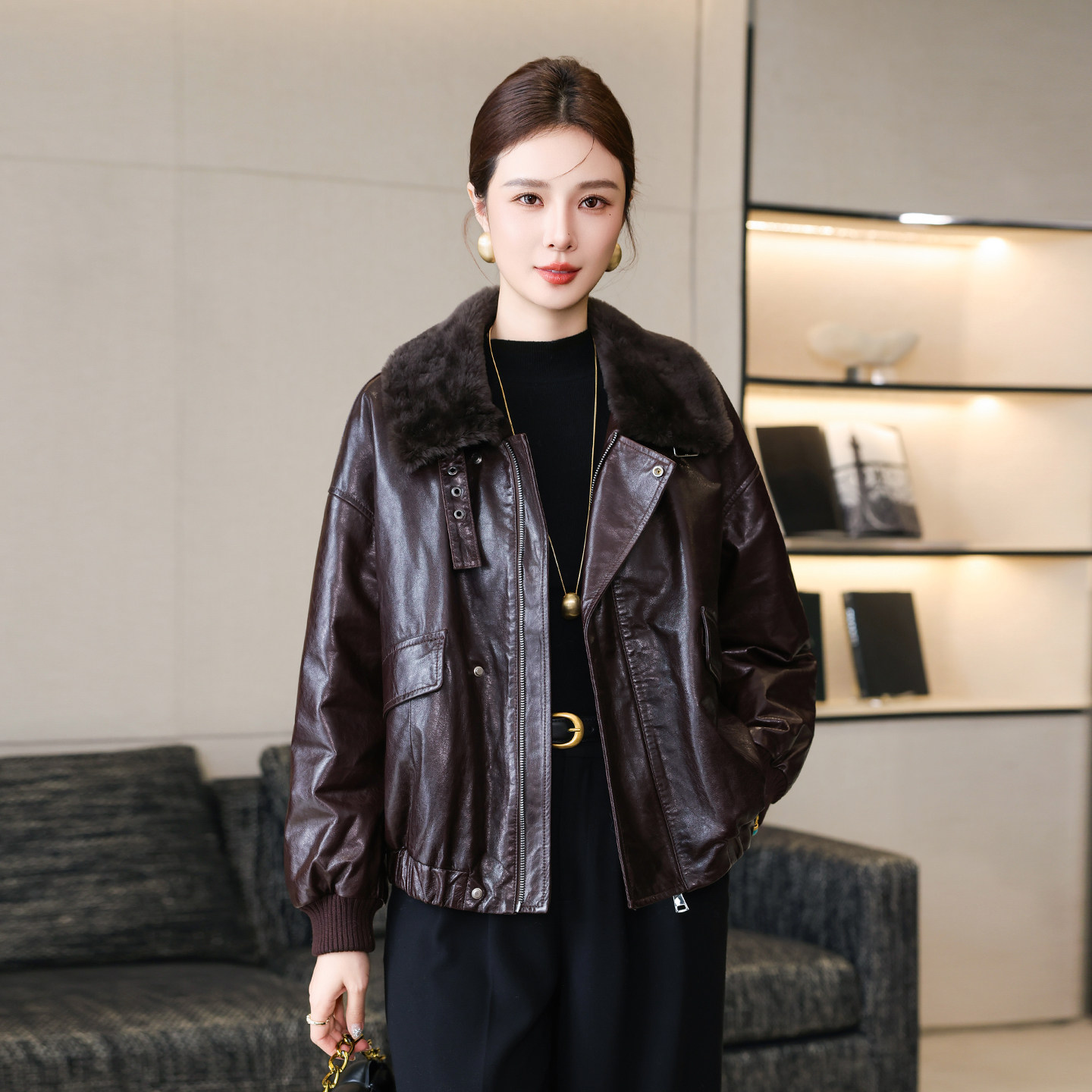 冬季真皮羊羔毛皮毛领短款皮衣女
