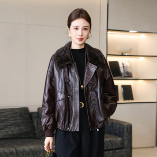 真皮皮衣女短款羊羔毛皮毛领子冬季绵羊皮羽绒服个性宽松皮草外套