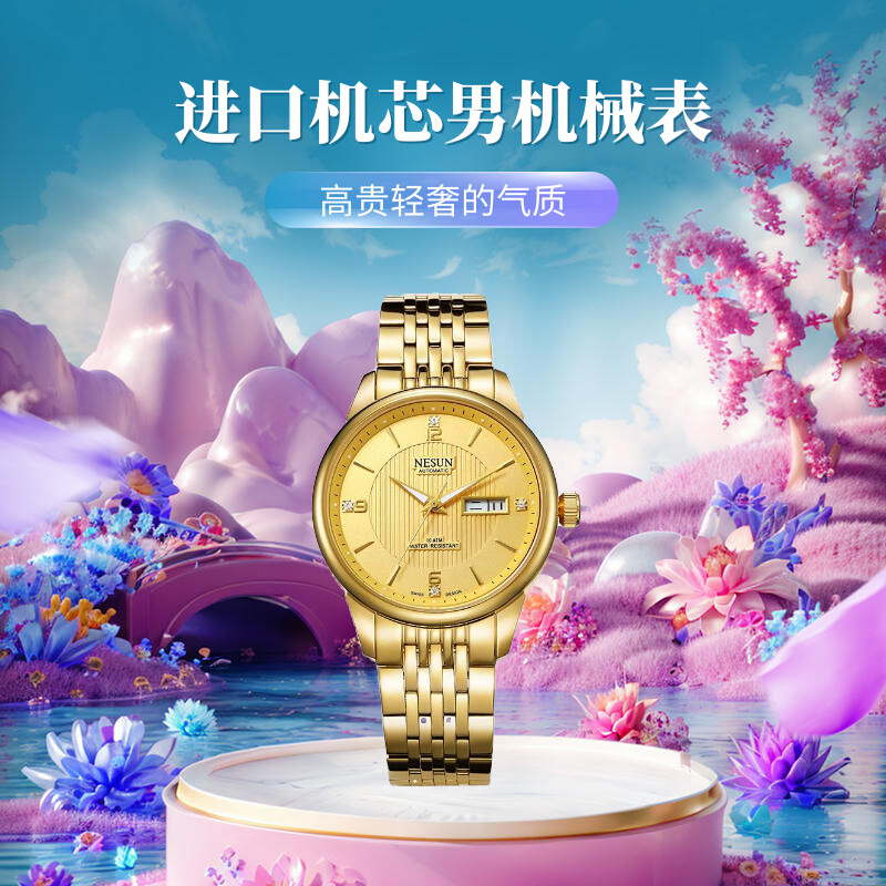 防水夜光商务双日历间金男士手表