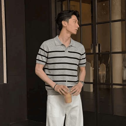 老钱风翻领条纹Polo衫男短袖针织透气休闲上衣2026夏季穿搭高级感