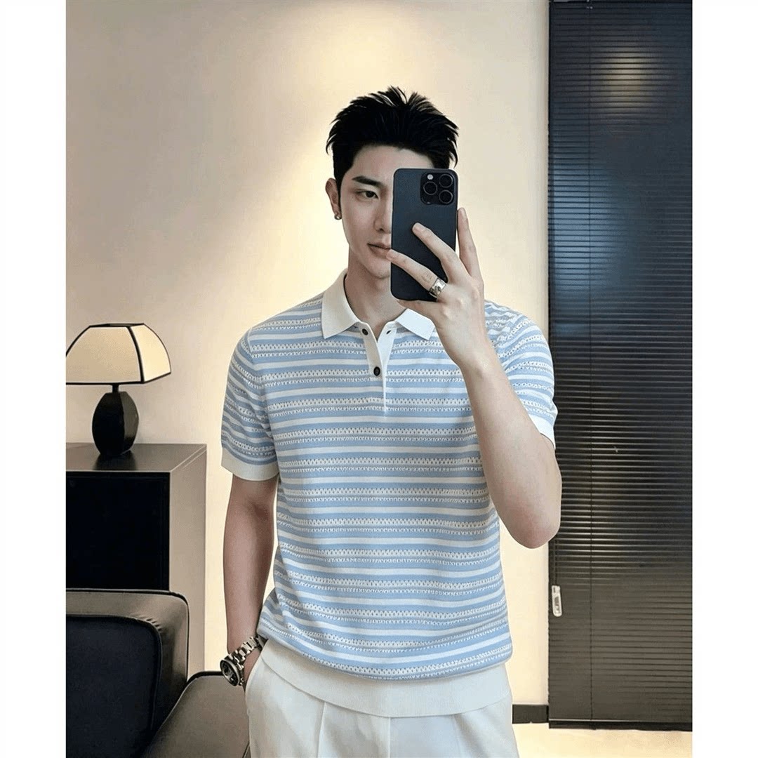 老钱风蓝白条纹polo衫男短袖2026夏季新款薄款翻领高级感针织t恤