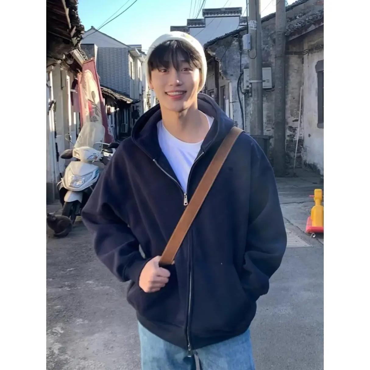 美式重磅潮牌开衫男款春秋宽松休闲纯色连帽卫衣双拉链外套上衣冬