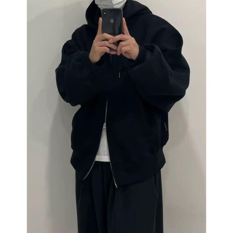 美式复古纯黑色卫衣连帽开衫男款秋冬季宽松休闲百搭双头拉链外套