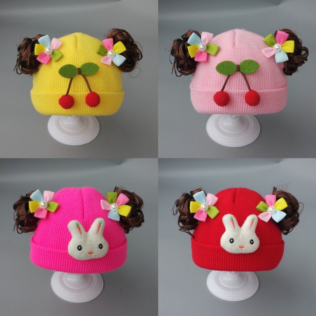 加厚保暖儿童婴儿帽子秋冬季0-3-6个月1-2岁女宝宝洋气毛线假发帽