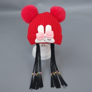 婴儿帽子可爱新生婴幼儿女宝宝毛线秋冬季款保暖假发辫子女童针织