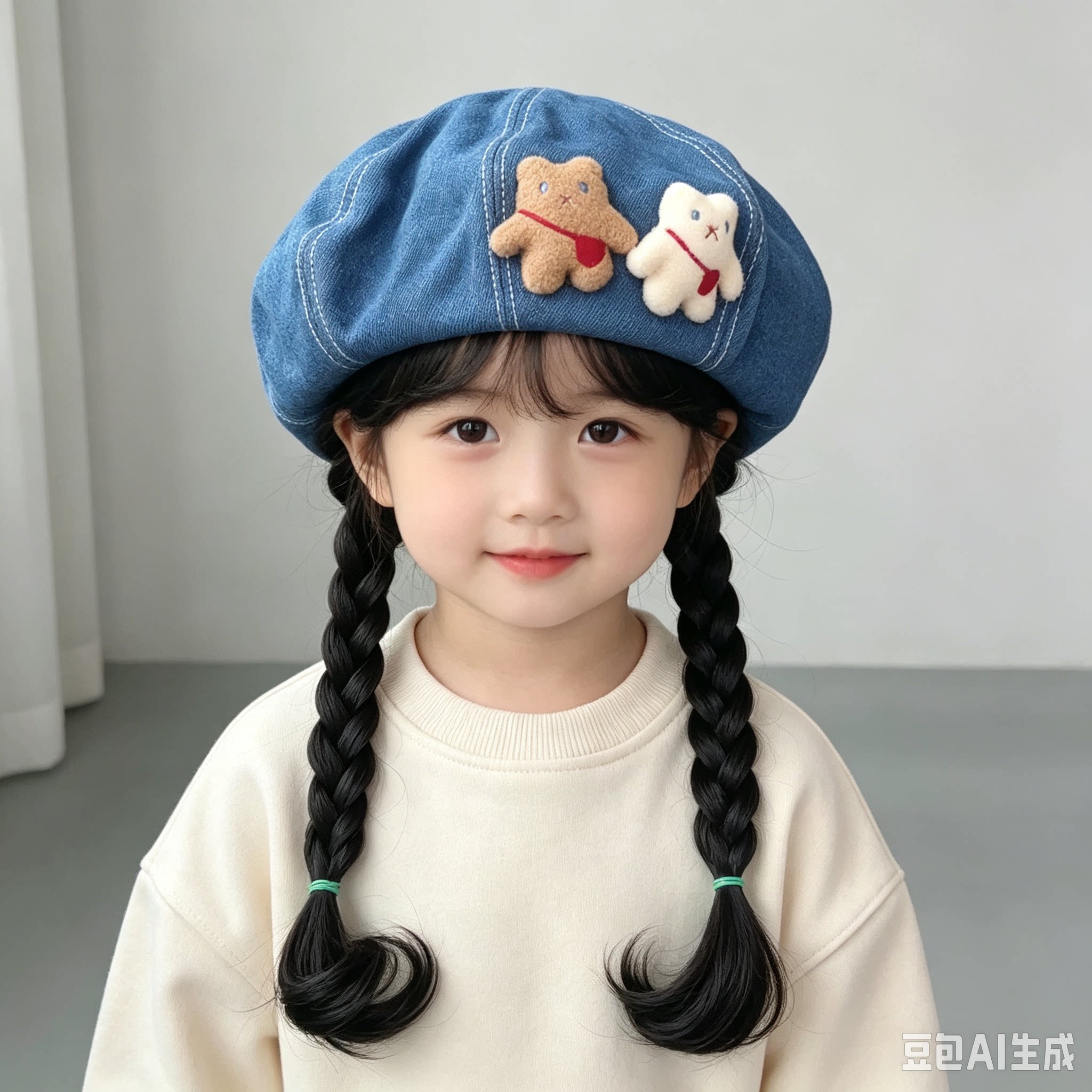 亲子卡通小熊画家女孩韩版百搭儿童牛仔贝雷宝宝时尚蓓蕾假发帽子