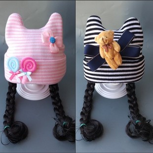 女婴儿童帽子宝宝帽子3 12个月1 2岁秋冬毛线针织长辩子假发帽