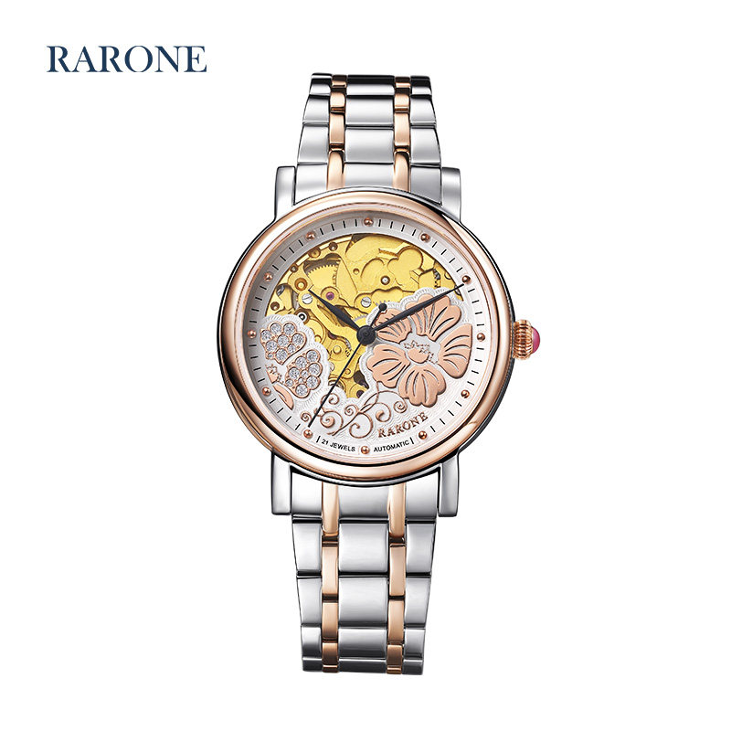 【618】商场同款 雷诺手表女机械表镂空时尚女士表防水蔷薇花