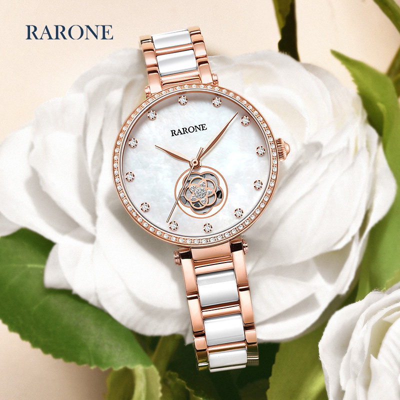 雷诺2020新款女士手表正品山茶花镂空间陶瓷石英女表