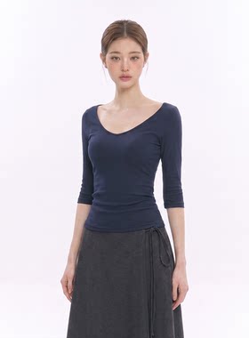 复古黑蓝色桃心领T恤女26新款亲肤莫代尔五分短袖上衣