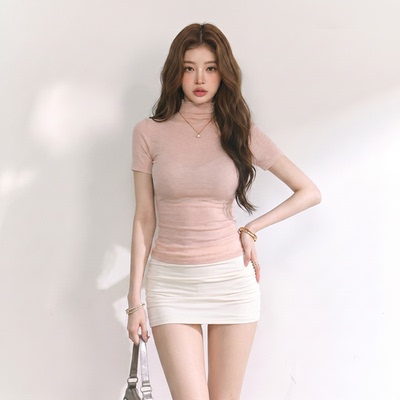 纯欲半高领微透短袖T恤女春夏修身显瘦新款紧身辣妹风短裙套装