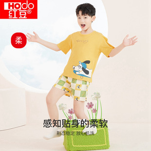 正品红豆夏季100%纯棉透气男童睡衣家居服儿童短袖宽松睡衣空调服