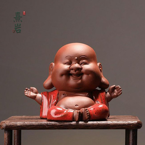 熹岩紫砂小弥勒佛茶宠茶台摆件