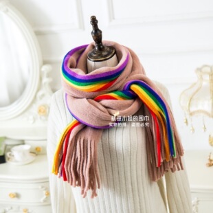 加厚加长彩虹围巾保暖蓬松软冬款男女情侣礼物防风竖条姜黄色皮粉