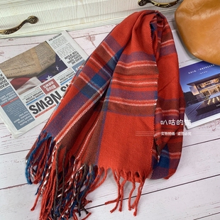 复古橘红色薄款格子围巾秋冬女显白仿羊绒围脖日系英伦2025韩版