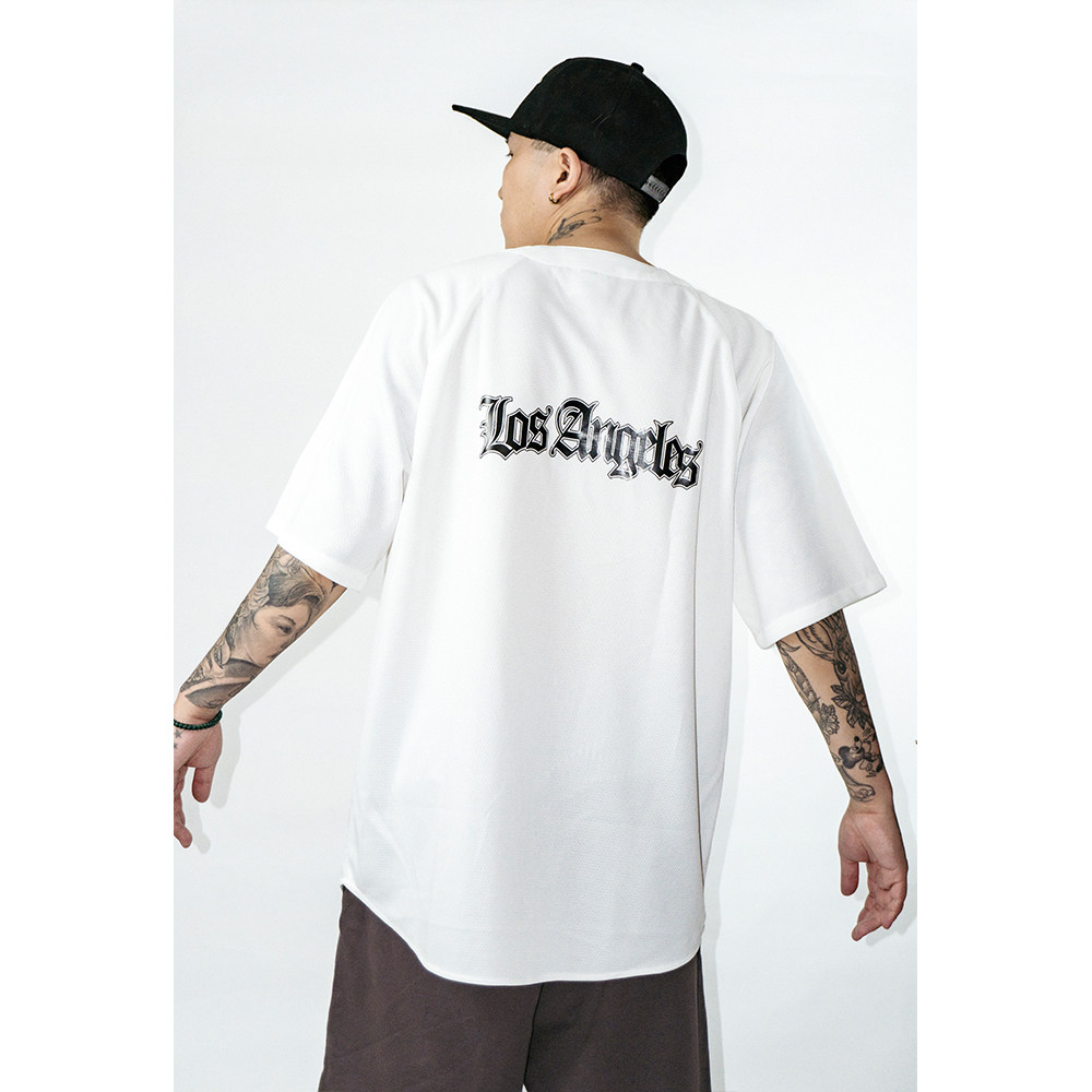 蜜丘琳新款 美式街头洛杉矶印花嘻哈国潮街舞网眼短袖棒球衫