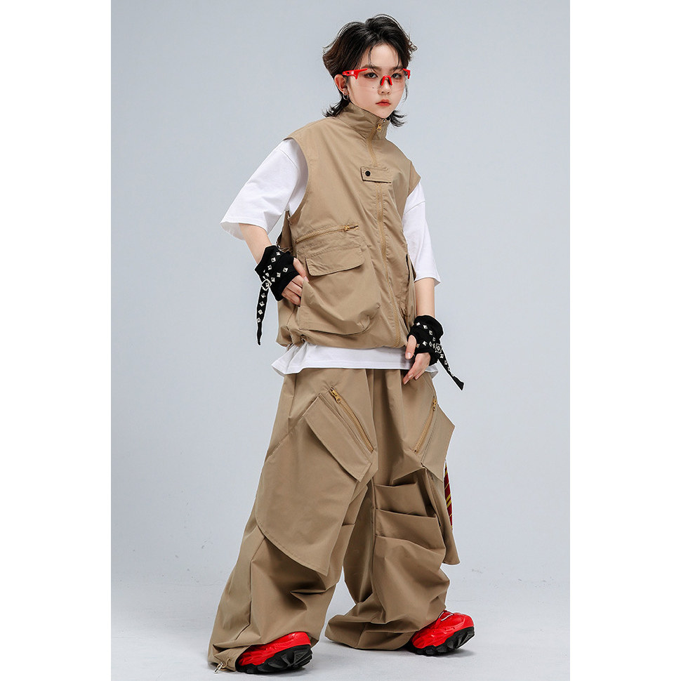 蜜丘琳工装风背带马甲套装男卡其色阔腿裤三件套机能风潮流搭配