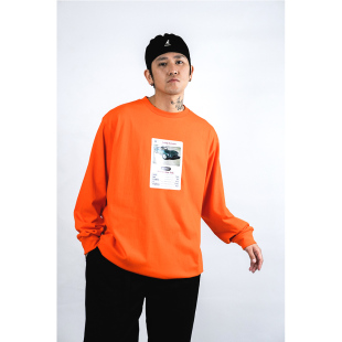 蜜丘琳国潮复古车街舞滑板说唱舞者潮流时尚 TEE恤 橙色小领口长袖