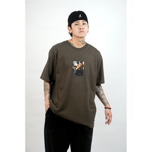 蜜丘琳国潮短袖 TEE恤街舞滑板宽松BBOY深灰色说唱小领口短袖