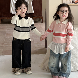 萌宝马卡龙色翻领针织衫毛衣上衣男女童撞色长袖套头战马儿童毛织