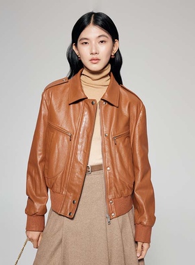 lp同款秋季新品老钱风短款机车夹克棕色皮衣女法式羊皮外套美拉德