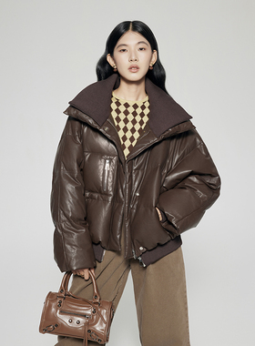 冬季热销羽绒服全植鞣绵羊皮拼接90白鹅绒外套女短款机车立领加厚