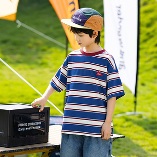 中大童户外宽松圆领半袖 男童夏装 T恤衫 儿童条纹短袖 上衣 2025新款