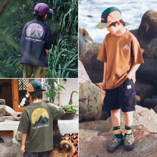 装 儿童户外印花短袖 山系童装 宽松T恤中大童半袖 纯棉上衣 男童夏季