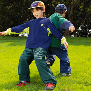 男童秋装上衣2025新款儿童撞色拼接速干长袖T恤山系户外露营衣服