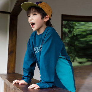 男童户外风圆领长袖 宽松拼接字母简约休闲上衣潮 纯棉T恤儿童春装